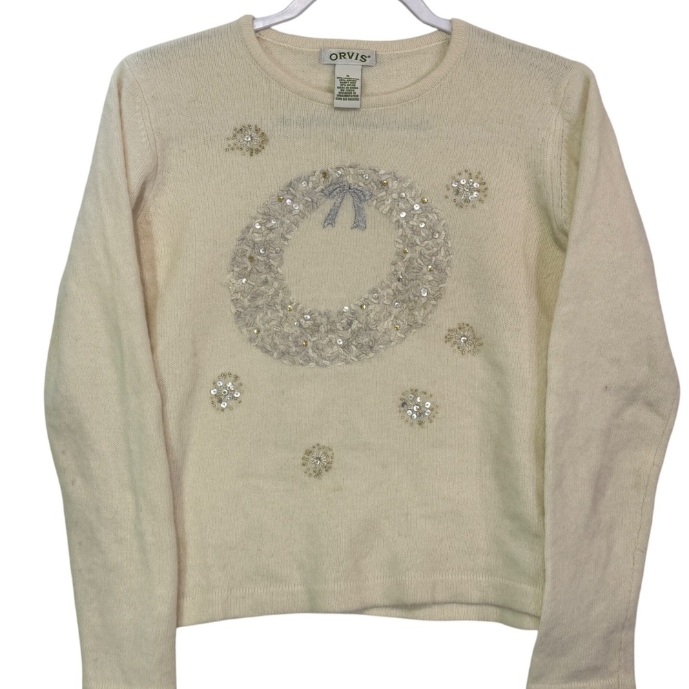 ORVIS Cream Wreath Sequin Embellished‎ Christmas Sweater Size S Lambswool Angora